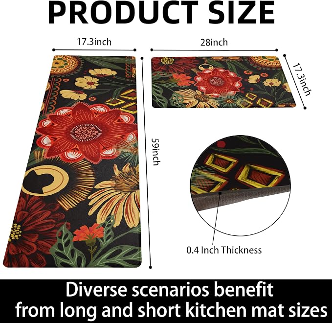 Tyrot Black Boho Floral Long Kitchen Mats Rugs Sets of 2 Cushioned Anti Fatigue Floor Mat Comfort Kitchen Rugs Farmhouse Style Non Slip Waterproof Mid Century Botanical Standing Mat for Sink Laundry