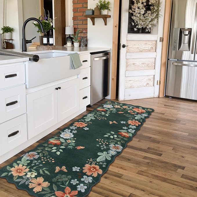 Lahome Floral Green Rugs for Entryway, 2X3 Washable Kitchen Rugs Non Slip | Soft Rug Ultra-Thin Indoor Door Mat Boho Small Throw Carpet for Bathroom Bedroom Flore (2x3ft, Dark Green)