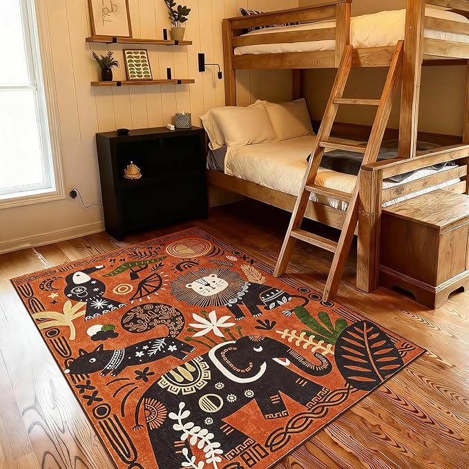 jinchan 5x7 Cute Area Rug Kids Washable Fun Rug Terracotta Boho Jungle Mat | Soft, Cozy, Non-Slip, Kid-Friendly, Safari, Lightweight, Entryway, Kitchen, Dorm, Bedroom, Living Room, Playroom, Nursery
