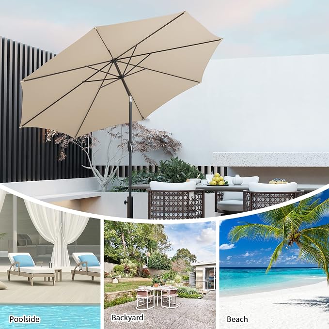 HAPPYGRILL 10 FT Solar Patio Umbrella with 112 LED Light, Outdoor Umbrella with Tilt Adjustment, Crank System, 8 Metal Ribs & Vented Top, Deck Table Market Umbrella for Garden Pool Deck Yard