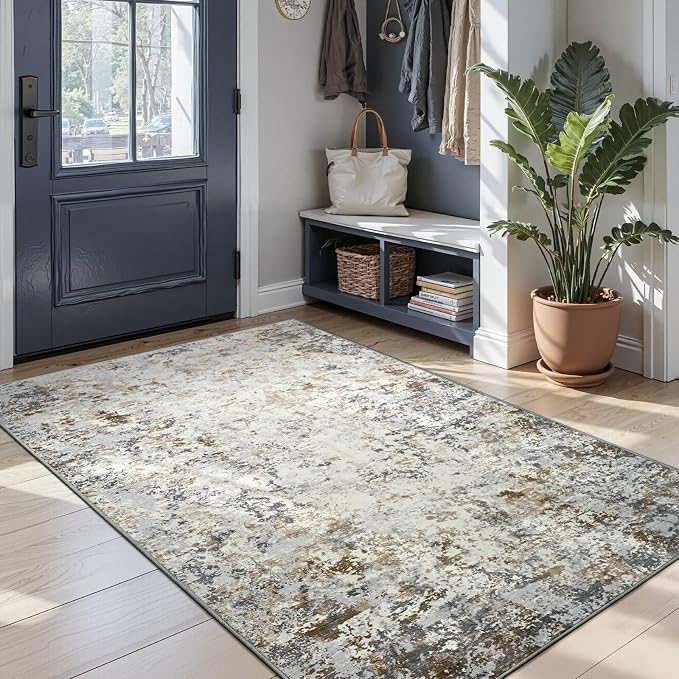 Toneed 4x6 Washable Area Rugs for Bedroom Living Room, Brown Grey Gold | Abstract Non Slip Soft Modern Low Pile Rug for Kitchen Hallway Office,Indoor Carpet for Kids Nursery Home Decor