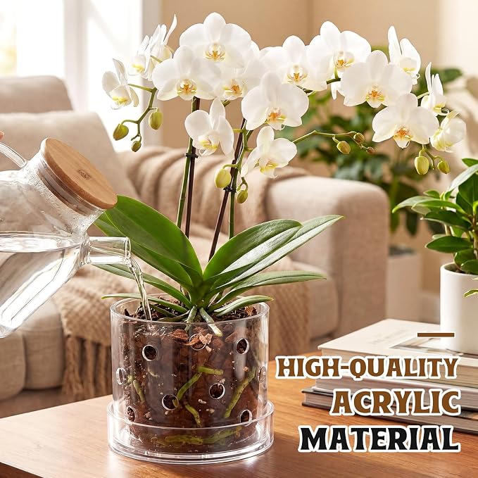 6 Inch Clear Acrylic Orchid Planter Pot with 360° Round Holes & Tray, Thick Acrylic Vented Planter for Phalaenopsis, Root Airflow, Bottom Watering & Indoor Orchid Repotting