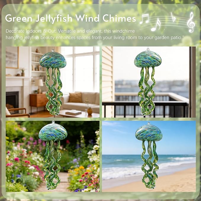 H&D HYALINE & DORA Sea Blown Glass Wind Chimes for Outside Jellyfish Wind Chimes 10 Inch Ocean Beach Themed Chime Gift Sea Glass Hanging Decor for Patio, Window & Garden
