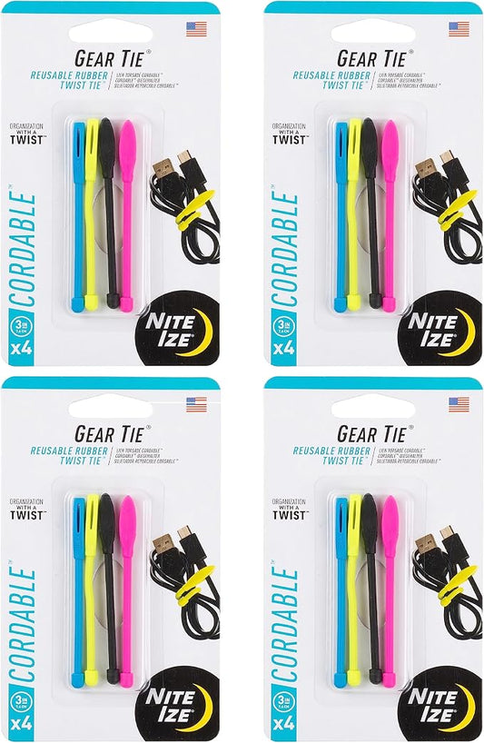 Nite Ize Gear Tie Cordable Twist Tie - Flexible Ties for Cord Management - Reusable Rubber Twist Ties for Wires - Waterproof & UV Resistant - Assorted Colors - 3-inch, 16 Count (4 Pack)