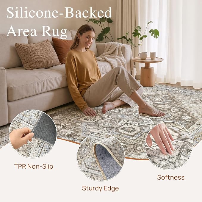 DTICON Vintage Washable 8x10 Area Rug Living Room Rugs, Brown Gray | Boho Distressed, Pet & Kid Friendly, Non-Slip Backing, Soft Polyester, Low-pile Carpet for Living Room, Bedroom, Dining Room
