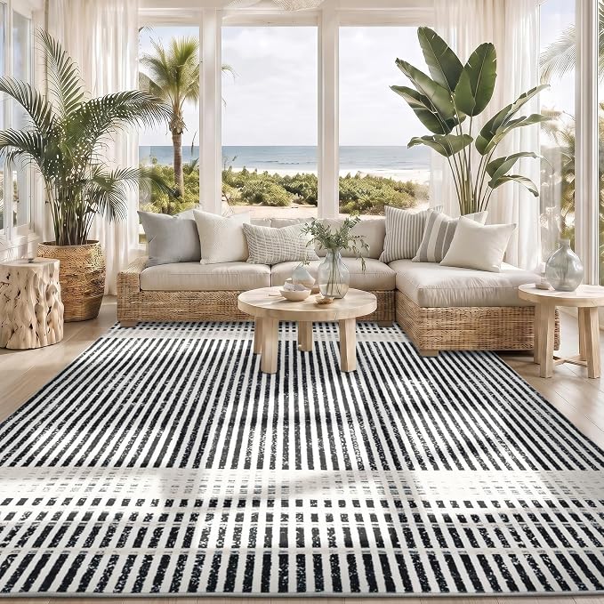 Washable 6x9 Modern Striped Area Rug, Abstract Living Room Rug | Black Beige, Soft Low Pile, Skin Friendly, Non-Slip for High Traffic, Bedroom Vintage Braided Paid Style Home Decor