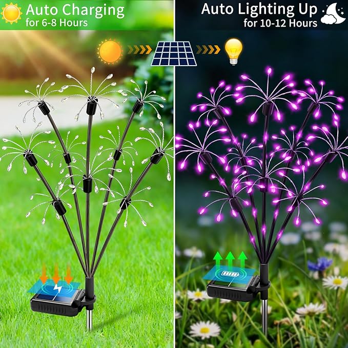 Solar Garden Lights Outdoor, 8 Pack 2-Layer Purple Solar Firework Lights, Waterproof Starburst Fairy Light Garden Decor for Yard Patio Pathway Lawn, Unique Gifts for Women Mom Grandma Mother's Day
