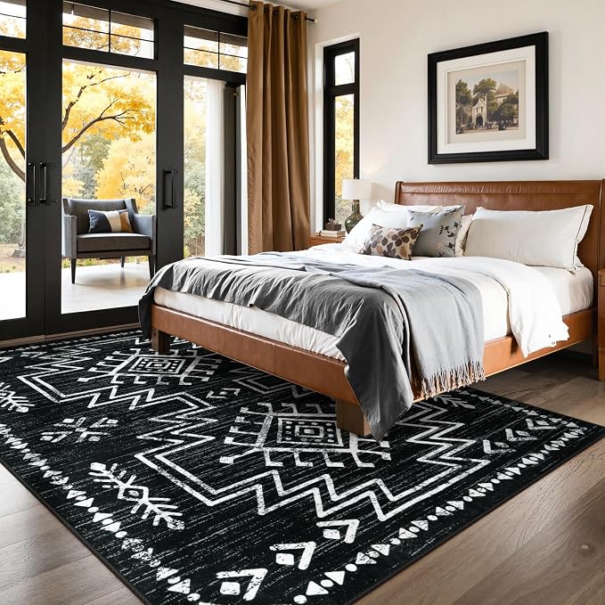 Lahome Washable Living Room Rugs 8x10, Western Black and White Bedroom Rug | Low Pile Boho Distressed Aztec Floor Carpet for Dining Room, Soft Stain Resistant Large Moroccan Carpets