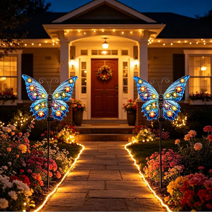 Butterfly Solar Lights Outdoor Waterproof 50.0" Large with String Bulbs and Flowers, Solar Garden Stakes Butterfly Yard Decor Gardening Gifts for Women Mom Grandma Gardeners Enthusiasts