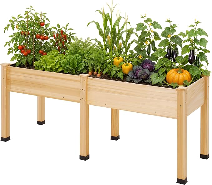 AMERLIFE Raised Garden Bed, 72x24x30 Inches Elevated Wood Planter Box with Bed Liner, Legs, Divider, Drainage Holes, Stand for Backyard, Patio, 350 Lb Capacity - Light Wood