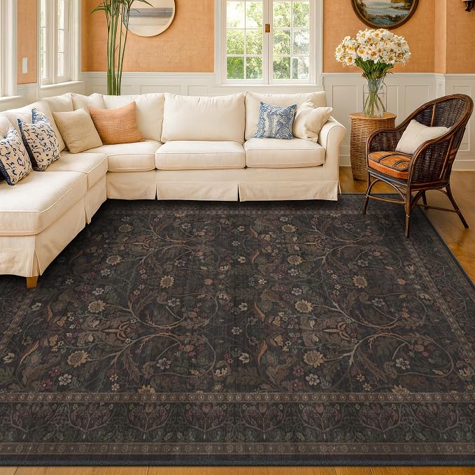 Washable 8x10 Area Rugs for Living Room, Black and Brown Rug for Bedroom Dining Room, Moody Dark Floral Farmhouse Western Style Decor, Large Gold Southwest Non Slip Low Pile Soft Carpet (Dark Brown)
