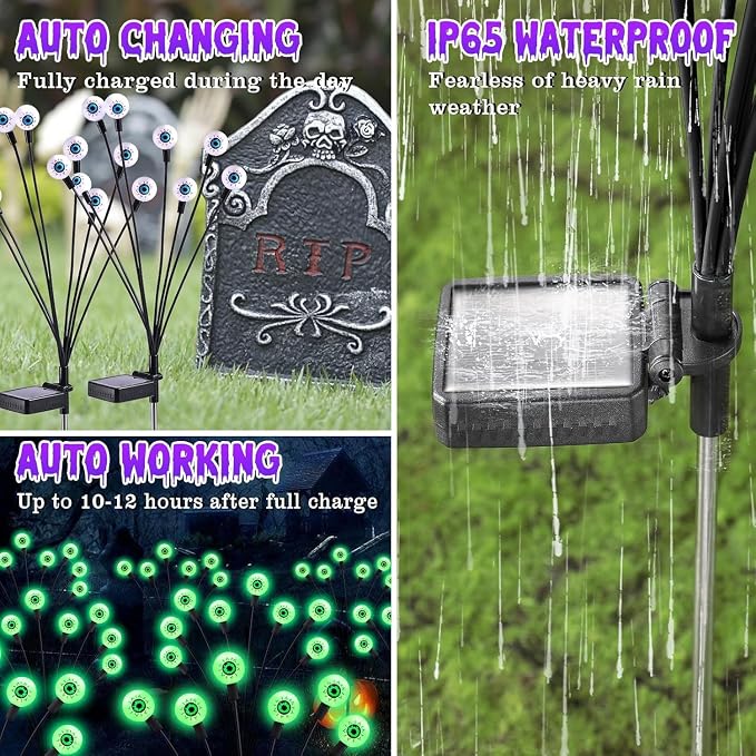 ASMAD Halloween Decorations Outdoor Solar Scary Eyeball Lights, 8Pack 64LEDs Green Eyeball Swaying Firefly Light, Waterproof Halloween Path Lights for Garden/Yard/Patio/Party Decor