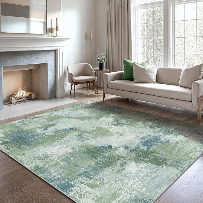 6x9 Area Rugs for Living Room, Modern Abstract Washable Rug with Non-Slip Backing & Low Pile Indoor Carpet for Nursery Room, Bedroom and Dinning Room, Green