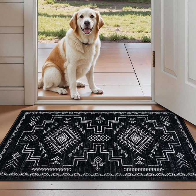 STARUIA Entryway Rug 2x3 Western - Door Mat Indoor Entrance Washable Rug, Black Aztec Tribal Classic Boys Non-Slip Low Pile Throw Rugs for Entryway, Kitchen, Front Door Indoor Entrance(Black 2'x3')