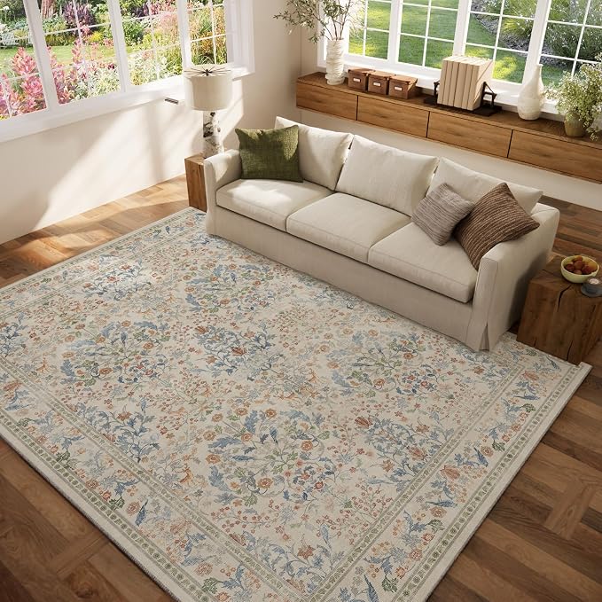 Washable Area Rugs for Living Room: 6x9 Bedroom Rug Vintage Area Rug Stain Resistant Non Slip Low Pile Lightweight Soft Carpets for Dining Room Kitchen Nursery Kids Room Farmhouse Indoor