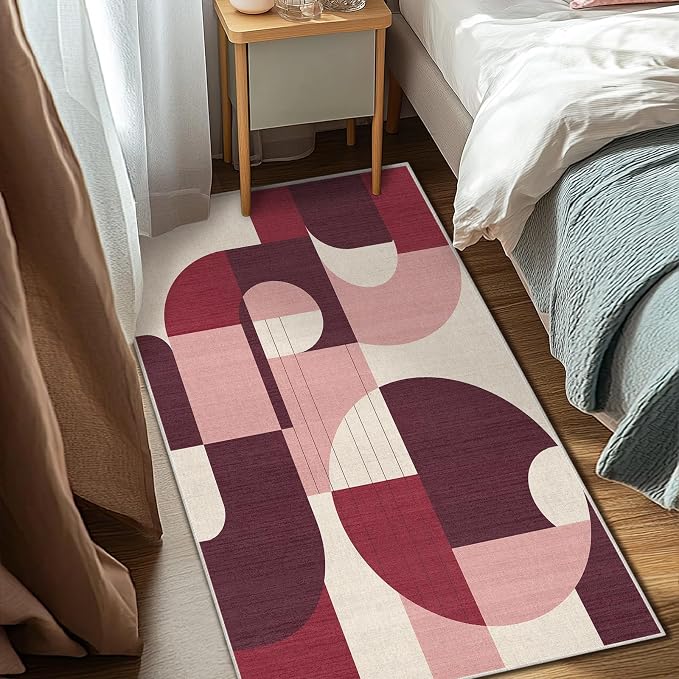 3x5 Burgundy and Pink Geometric Area Rug for Bedroom Entryway Hallway Dark Abstract Modern Rug Machine Washable Non-Slip Carpet for Bathroom Kitchen Bedside Living Room