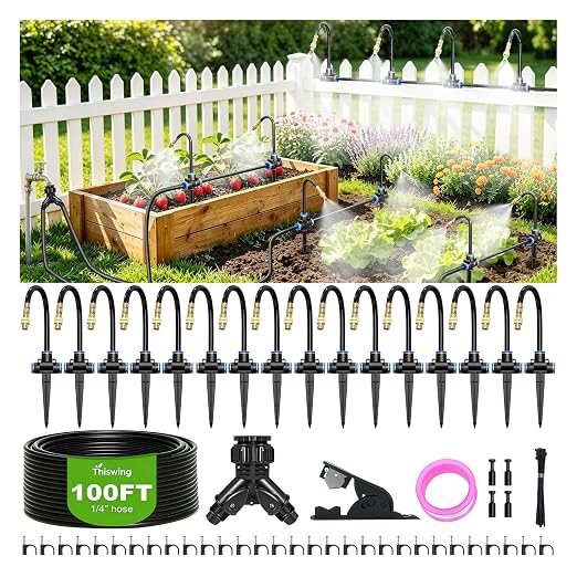 Thiswing 100 FT 360° Adjustable Irrigation System for Garden with Stake Holders – 1/4" Tubing, 16 Nozzles, Automatic Watering Misting System, Sprinkler for Garden, Raised Bed, Lawn, Plants
