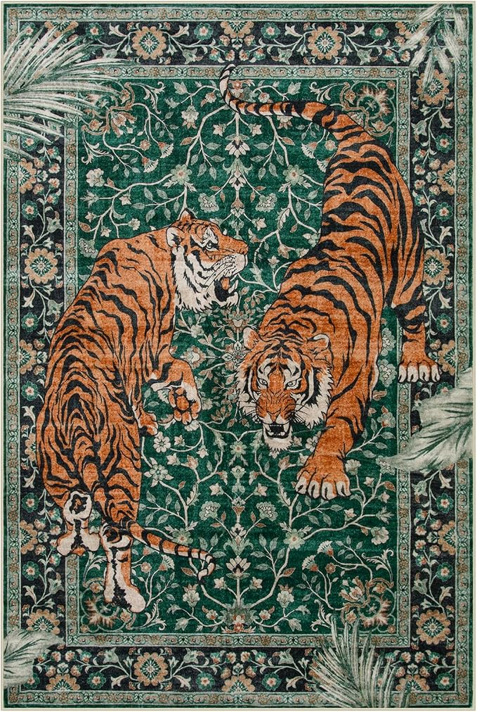 Moynesa Tiger 6x9 Area Rugs for Living Room, Boho Botanical Washable Dining Room Rug Non Slip Large Green Bedroom Rug, Ultra Thin Vintage Soft Indoor Floor Carpet for Home Office Entrance