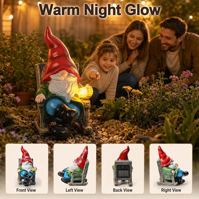 Solar Garden Gnomes Outdoor Statue with Rocking Chair and Teacup Decor, Lawn Decor for Yard, Patio, Balcony, Porch, Funny Gnomes Gift for Mom Women Men Dad Grandma