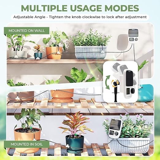 HIRALIY Solar Drip Irrigation System with Timer, Automatic Plant Watering Kit with USB Backup, 12 Pressure-Balanced Drippers, 40FT Tubing for Potted Plants, Indoor Pots & Even Watering