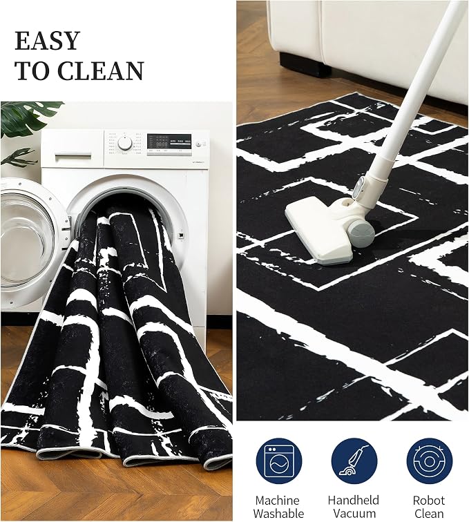 Black Modern Geometric Area Rug 8x10, Black and White Rug with Abstract Rectangular Patterns,Non-Shedding Washable Rugs for Bedroom, Home Office and Living Room