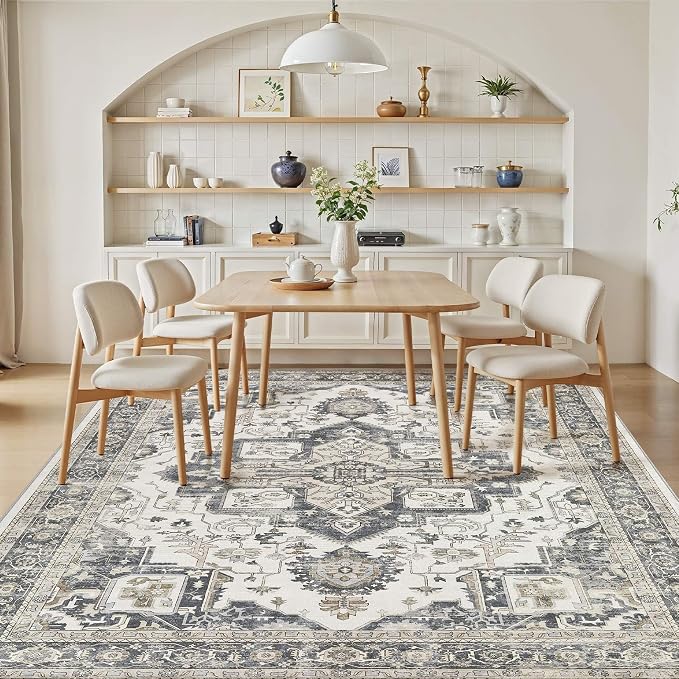 Vintage Washable 9x12 Area Rug for Living Room, Heathered Grey | Soft Low Pile Rug with Non-Slip Backing, Stain Resistant for Bedroom or Dining Room, Kid & Pet Friendly