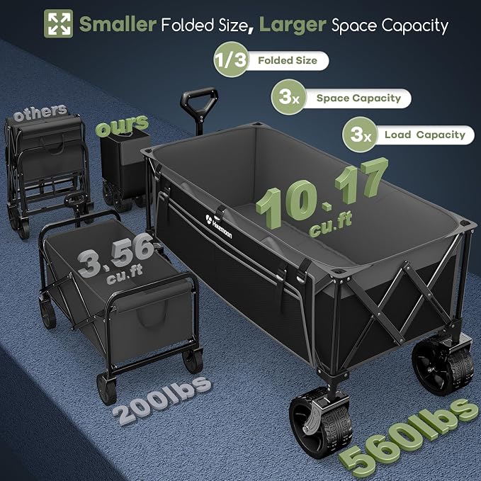 Hikemoon 300L Extra Large Wagons Carts Foldable, 560LBS Heavy Duty Collapsible Beach Wagon 48" Long with Big All-Terrain Wheels, Utility Folding Cart for Camping, Grocery, Sports, Garden, Grey & Black