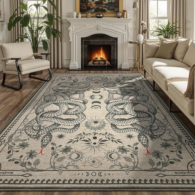 DCX 5x7 Washable Snake Rug for Living Room, Non Slip Low Pile Rug, Beige | Rugs for bedroom, dining room, office, soft, gothic rug, sain resistant indoor carpet, home decor