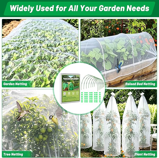 Tetutor Garden Mesh Netting Kit,7 Sets Wide Garden Hoops with 10x30 ft Garden Covers Bird Netting& 12 Clips, Garden Protection for Raised Beds Greenhouse Vegetable Plants Flowers Green