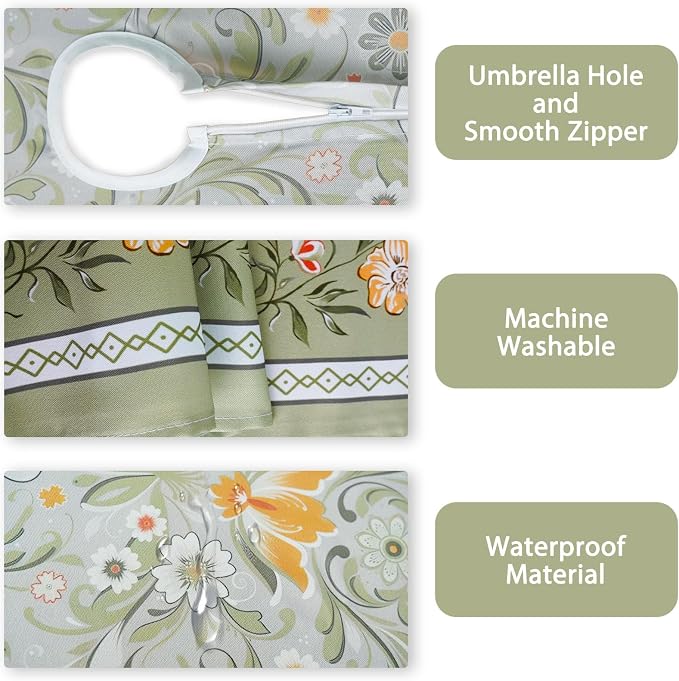 Green Print Outdoor Oval Tablecloth with Umbrella Hole 60" x 102" Waterproof Zipper Table Cloth for Patio Table - Ideal Tablecloths for Picnics, Camping, and Yard Use