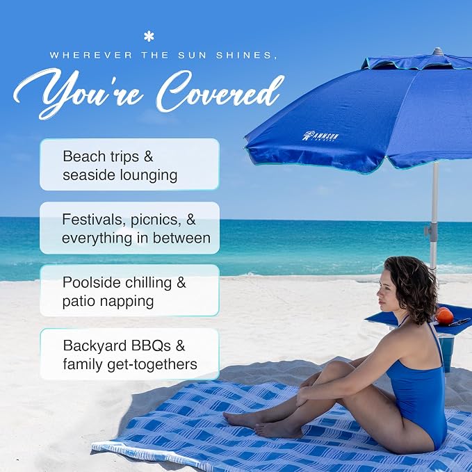 AMMSUN 7ft Heavy Duty High Wind Beach Umbrella with sand anchor, Built-in Table Tray Vent Tilt Pole, UPF 50+ Windproof Portable Outdoor Umbrellas Carry Bag for Patio Garden Pool Backyard Navy