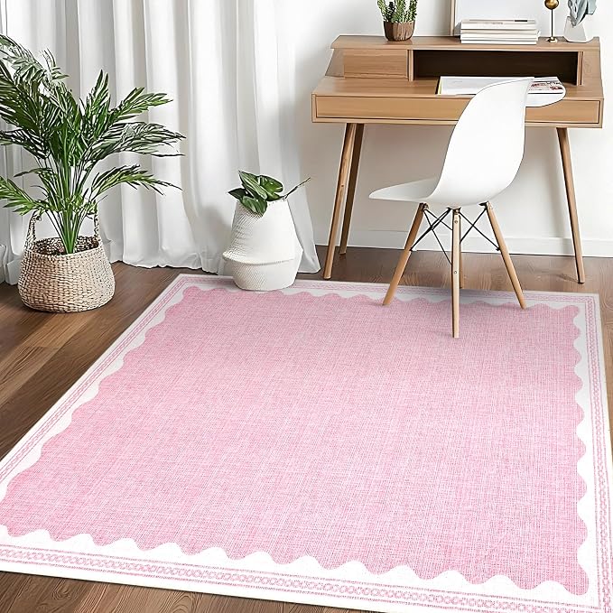Garvee Scalloped Rug 5x7 Washable Living Room Rug Non Slip Modern Rugs Pink | Ultra Soft Non-Shedding Floor Cover Low Pile Stain-Resistant Bordered Print Throw Carpet for Bedroom Kids Room Dorm