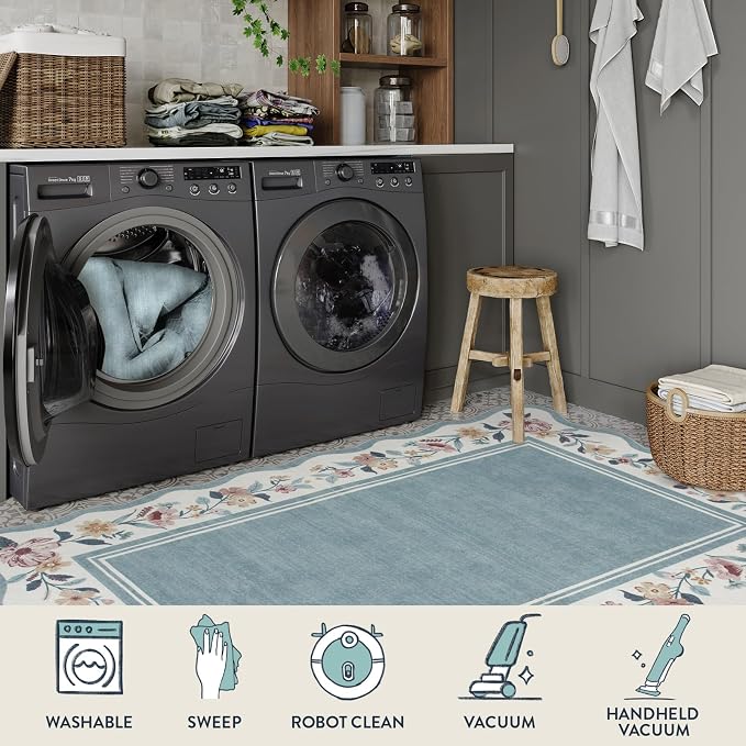 Lahome Floral Blue 2x6 Runner Rug for Hallway, Scalloped Kitchen Rug | Washable Rug Runner Non Slip, Ultra-Thin Stain Resistant Boho Carpet Runner for Laundry Bathroom Bedroom Ariele