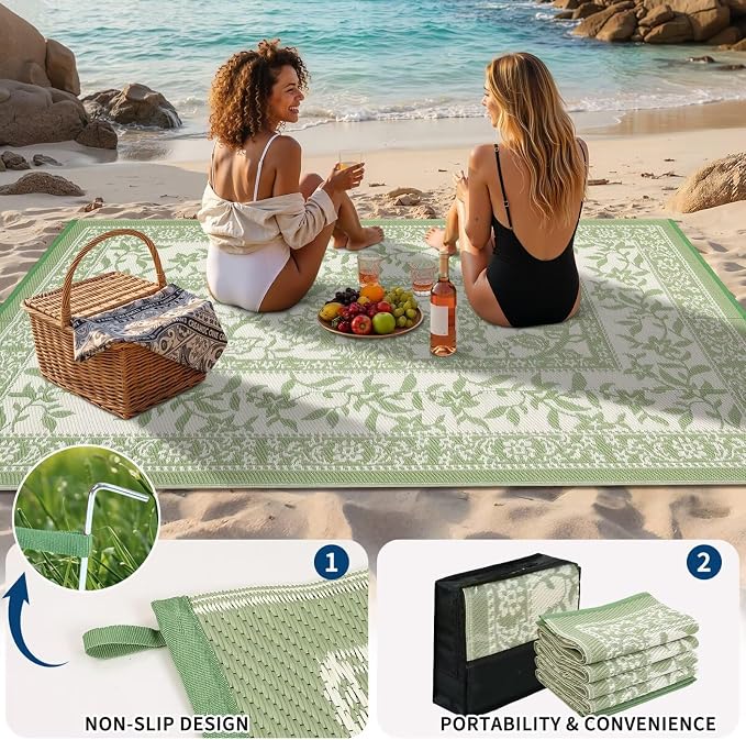 Garvee Outdoor Rug 9x12, Waterproof Reversible Foldable Plastic Straw Rug, Botanical Cottagecore Outdoor Rugs Patio Camping RV Carpet for Deck Camper Porch Balcony Picnic Beach Gray Sage Green