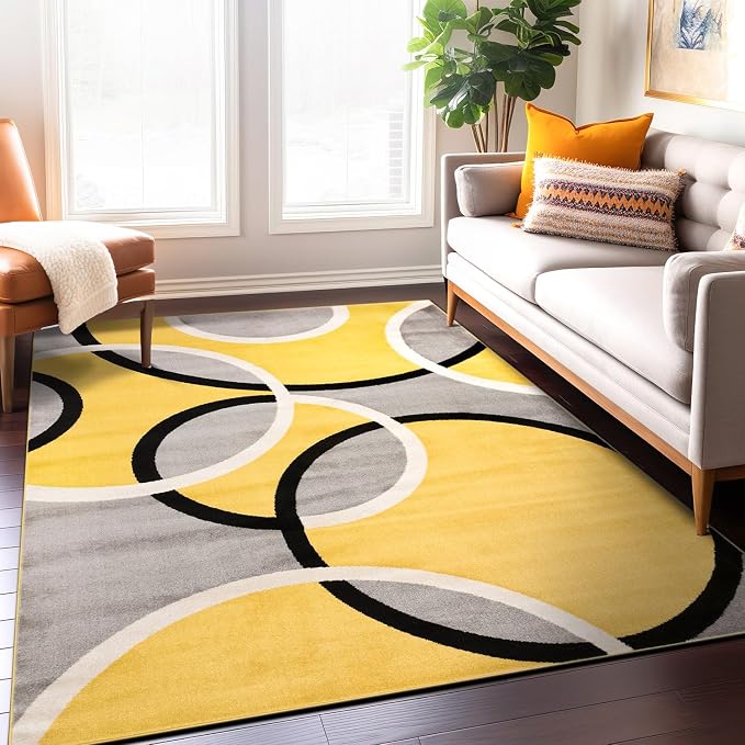 Rugshop Abstract Circles Contemporary Living Room Area Rug Yellow 6'6" x 9' | Non-Shedding, Rectangular, Size 6'6" x 9', Bedroom, Dining Room, Home Office, Kitchen, Entryway, Hallway, Nursery, Kids Room