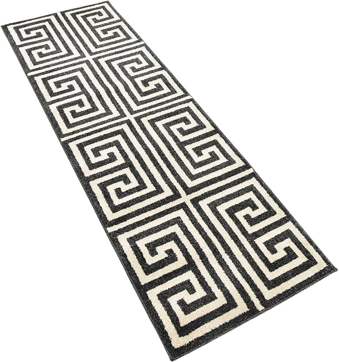 Unique Loom Athens Collection Classic Geometric Modern Border Design Area Rug (2' 0 x 6' 0 Runner, Black/ Beige)