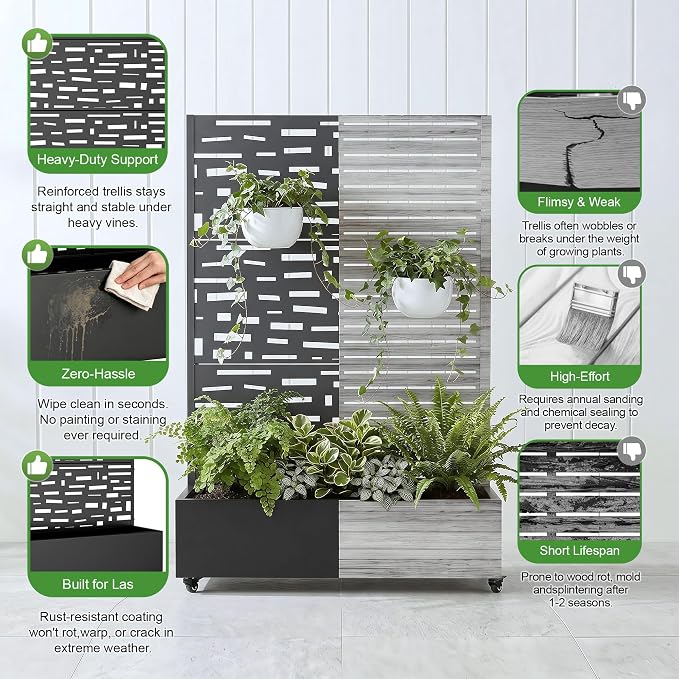 Casaphoria Metal Raised Garden Bed with Trellis and Wheels, 72"x47"x16" Planter Box for Climbing Plants, Vegetables & Vines, Features Drainage Holes and Privacy Screen (Black-Gerald)