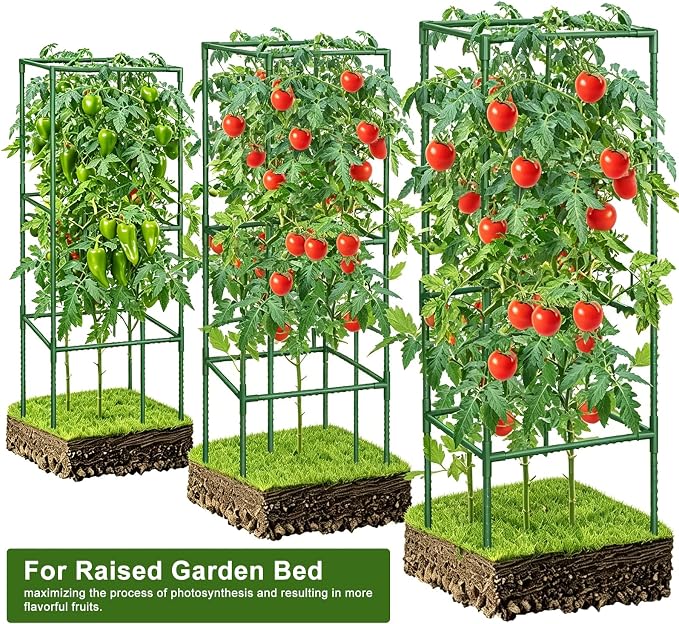 3 Pack Tomato Cages with Clips & Garden Wire, Outdoor Heavy Duty Steel Square Tomato Plant Support Stakes Garden Trellis for Climbing Plants Vegetables Flowers Fruits (41.5 Inch)