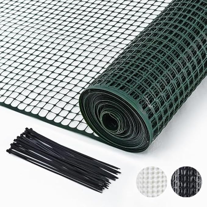 PotatoLife Plastic Hardware Mesh Netting, Garden Netting, Temporary Fence, Tree Guards, Safety Net for Balcony, Deck, Stair Railing, Animal Barrier, Poultry, Deer, with 50 Zip Ties, 40'' x 25', Green