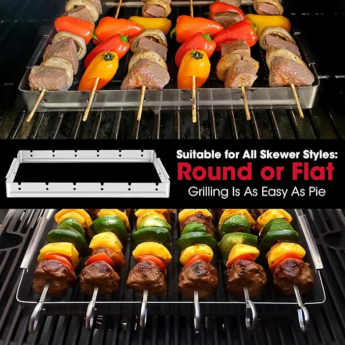 Unicook Stainless Steel BBQ Shish Kabob Set, Foldable Shish Kabob Holder with 6pcs 13"L Skewers, Reusable Grill Rack, Comes with 30pcs 12.5"L Bamboo Skewers for Party and Cookout