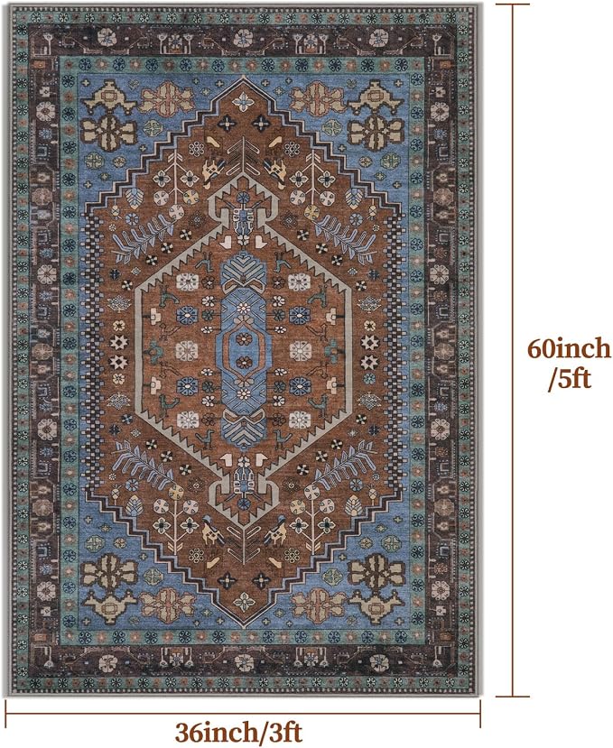 Ciicool Washable 3x5 Area Rug,Boho Non-Slip Indoor Mat for Entryway Kitchen | Oriental Low-Pile Soft Vintage Boho Indoor Entry Carpet for Bedroom Bedside Living Room Laundry Dining Room