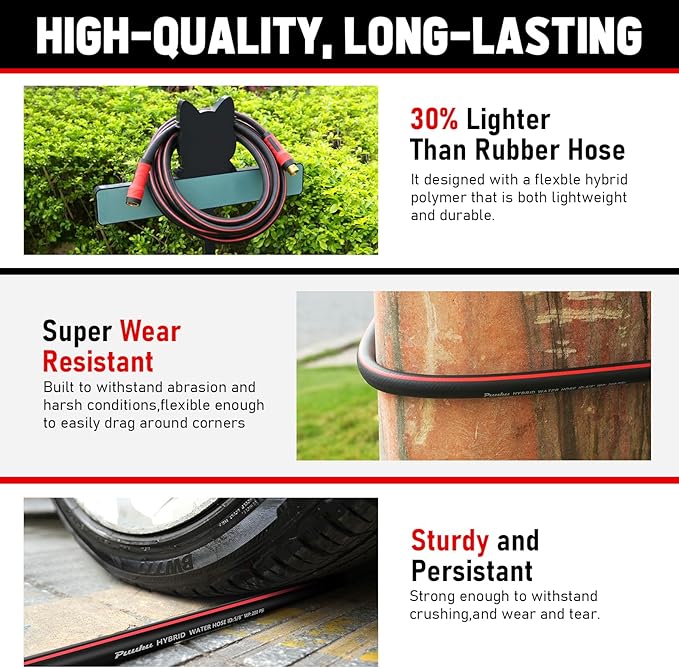 Garden Hose 25ft x 5/8", NON-EXPANDABLE Heavy Duty Premium Flexible Water Hose with 10 Function Spray Nozzle, No Kink, Leakproof, Lightweight Hybrid Hose with Swivel Handle, Male to Female Fittings
