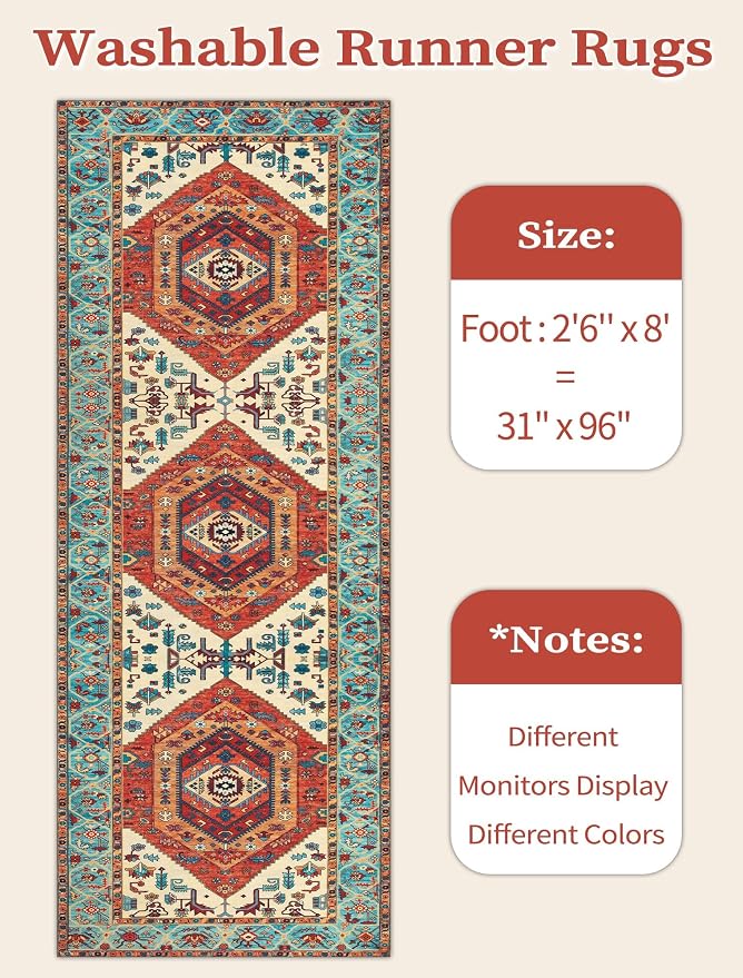 SERISSA 2'6"x8' Washable Non Slip Boho Runner Rug for Hallway，Orange | Ultra Soft Vintage Oriental Carpet Low-Pile Distressed Tribal Floor Carpet for Kitchen Bedroom Bathroom Laundry Room