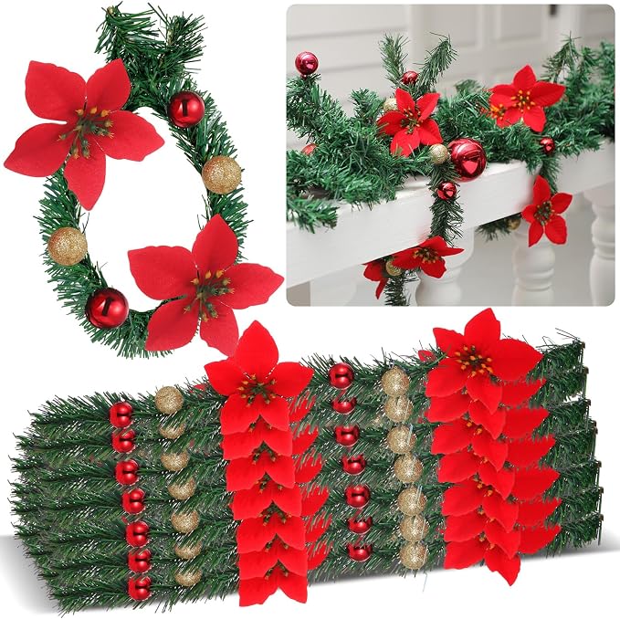 Zhengmy 30 Pcs 20 Inch Christmas Garland Ties with Poinsettia & Ornaments, Decorative Twist Tie for Banister Flexible Pine Stems for Christmas Stairs Railing Banister Decor DIY Craft Gift Wrapping