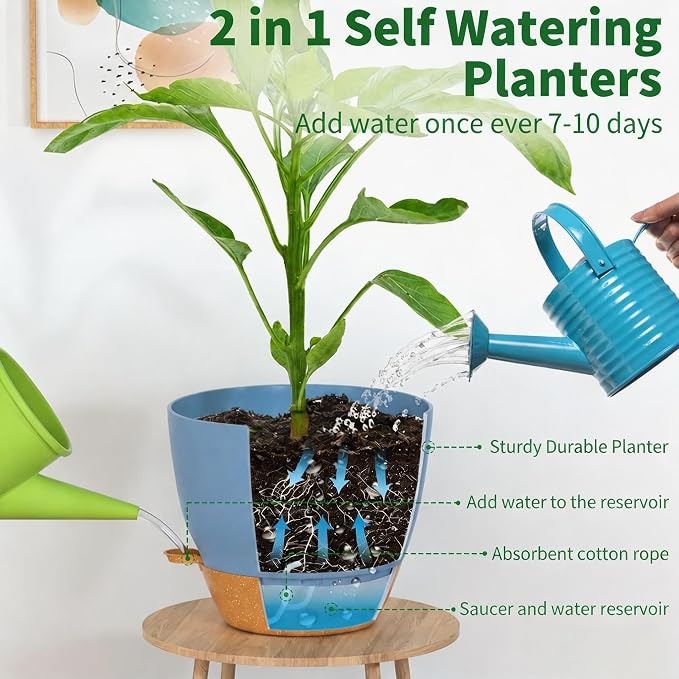 12/10/9/8/6 Inch Self Watering Pots for Indoor Outdoor Plants, Set of 5 Large Plastic Planters with Visual Water Window, Drainage Holes & Watering Lip, Modern Decorative Flower Pots (Blue)