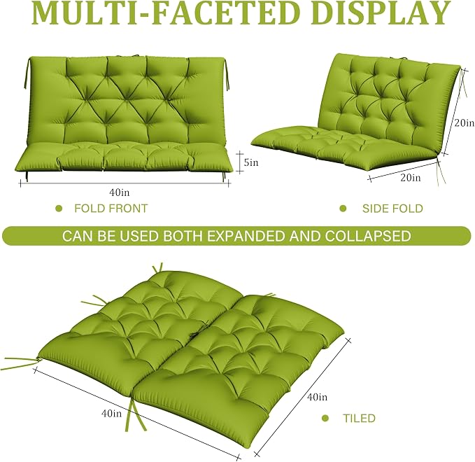 Porch Swing Cushion with Backrest,Waterproof Bench Cushion for Outdoor Furniture,2-3 Seater Replacement Thickened 5 in swing cushion,with Ties,Patio,Outdoor,Backyard and Garden (Grass Green,40x40 in)