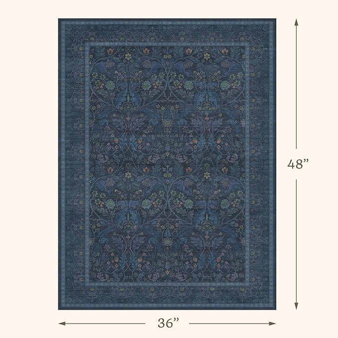 3x4 Oriental Rug for Entryway Indoor, Soft Washable Carpet for Bedroom Beside Bed, Kitchen Rugs Non Slip, Low Pile Stain Resistant Flower Carpet (Navy Blue)