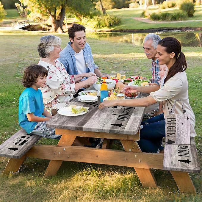 Picnic Table Cover with Bench Covers Elastic Edges Camping Essentials 4 Pcs Wood Grain Brown Waterproof Oil-Proof Tablecloth with Handbag for RV Accessories Farmhouse Camping Rustic Party Decor 72 IN