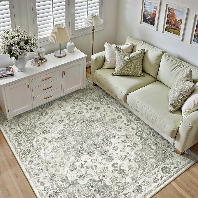 5x7 Green Neutral Area Rug | Washable, Non Slip, Soft Low Pile, Vintage Farmhouse, for Living Room Bedroom Dining Room Office Indoor Home Decor