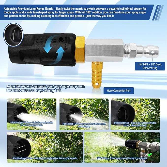 Adjustable Long Range Nozzle for Pressure Washer, Downstream Injection Spray Nozzle Kit 2–2.5 GPM, External Chemical Injector w/1/4" Quick Connect, 15FT Hose, Shut-Off Valve & Filter, 2000–3000 PSI.